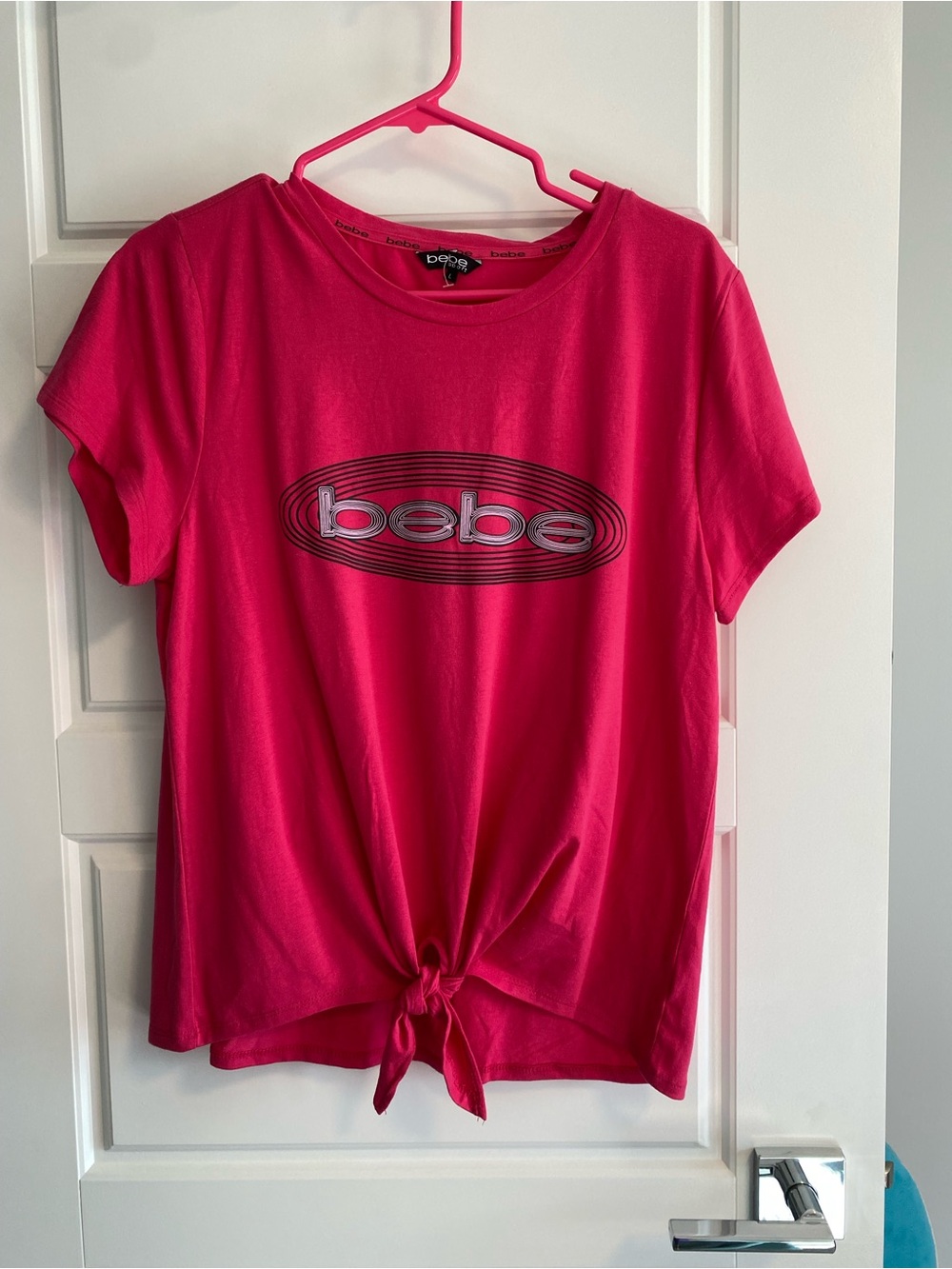 NWOT - BEBE Pink Logo Tie-Front Short Sleeve Top